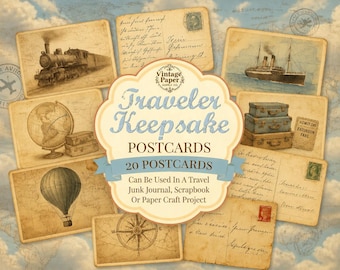 Postales de recuerdo de viaje, diario de recortes, paquete de efímeros, imprimible, kit de diario de recortes, descarga digital, álbum de recortes, vintage, viajes