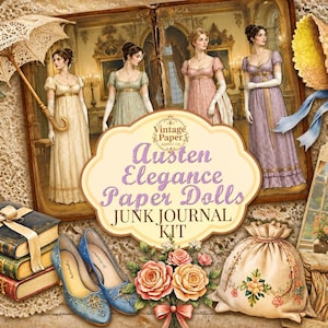 Kit di bambole di carta Austin Elegance, Kit per junk journal, Ritagli di precisione, Pacchetto di effimeri, Stampabile, Download digitale, Romantico, Jane Austen, Scrapbooking