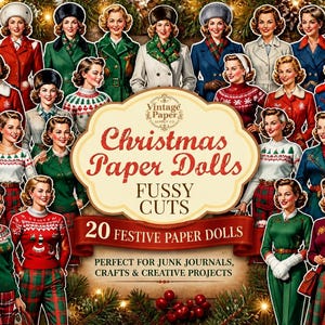 Peut inclure: Une collection de 20 poupées en papier de Noël représentant divers personnages en tenues d'hiver festives, incluant pulls, manteaux et bonnets. Une étiquette centrale indique Vintage Paper Supply Co. Christmas Paper Dolls FUSSY CUTS 20 FESTIVE PAPER DOLLS.