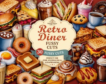 Retro Diner Fussy Cuts, Ephemera Pack, Junk Journal, Utskrivbara, Klistermärken, Mat, Etiketter, Cafeteria Clipart, Digital Nedladdning, Scrapbook