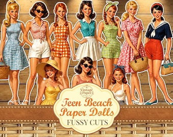 1950s Teen Beach Paper Dolls, Fussy Cuts, Junk Journal, Ephemera Pack, Printable, Digital Download, Retro, Scrapbooking
