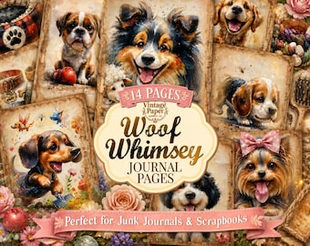 Woof Whimsey Journal Pages, Junk Journal Kit, Scrapbook, Printable, Digital Download, Pet Illustrations, Dog, Puppy