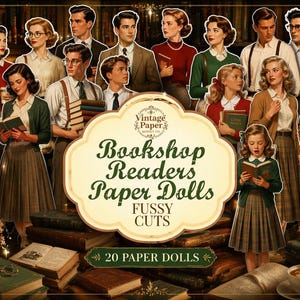 Könnte beinhalten: Eine Sammlung von 20 Papierpuppen mit verschiedenen Figuren in Kleidung im Vintage-Stil, darunter Pullover, Röcke und Hemden. Das zentrale Etikett lautet Vintage Paper Supply Co. Bookshop Readers Paper Dolls FUSSY CUTS 20 PAPER DOLLS.