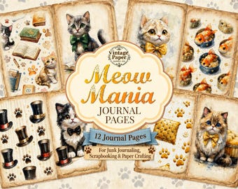 ニャーマニアジャーナルページ、ジャンクジャーナル、猫、スクラップブッキング、印刷可能、デジタルダウンロード、ペーパークラフト、子猫