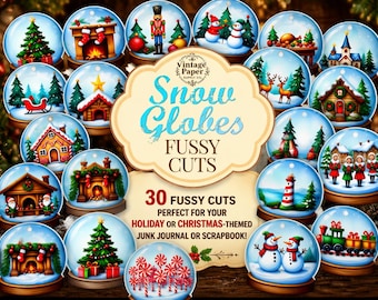 Snow Globe Fussy Cuts, Junk Journal, Holiday, Ephemera Pack, Printable, Tags, Stickers, Holiday, Christmas, Scrapbook, Digital Download