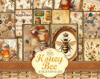 May include: A collection of vintage paper ephemera with a honey bee theme. The design features illustrations of bees, honey jars, and floral elements. The text "Honey Bee Junk Journal Kit" is displayed in the centre.
