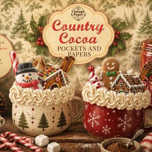 May include: A Country Cocoa Pockets and Papers junk journal kit featuring two mugs topped with whipped cream, a snowman, a gingerbread person, and miniature gingerbread houses. The set includes 6 pockets, 36 pieces of ephemera, and 6 papers.