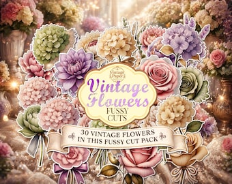 Vintage Flower Fussy Cuts, Ephemera Pack, Printable, Junk Journal, Floral, Stickers, Spring, Scrapbook, Digital Download, Labels, Clipart