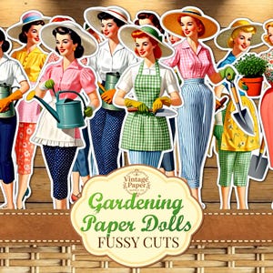 Gardening Paper Doll Fussy Cuts, Junk Journal, Retro Ephemera, 1950s Women Printable Paper Dolls, Garden Scrapbooking