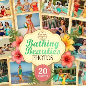 Op de afbeelding: Een verzameling van twintig foto's in vintage-stijl met personen in diverse badkleding op stranden en bij zwembaden, gerangschikt in een collage met een centraal label met de tekst Vintage Paper Supply Co. Bathing Beauties PHOTOS 20 PHOTOS.