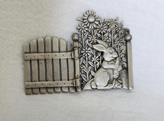 Vintage Brooch Garden Gate Rabbit Flowers Hidden 1990's