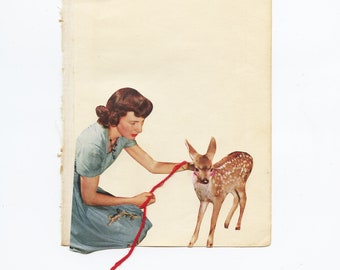 Original Female Portrait With Deer Collage. Mixed Media Artwork on Vintage Book Page - Rescue