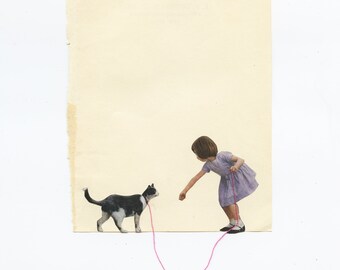 Original Girl Portrait With Cat. Mixed Media Collage Artwork on Vintage Book Page - Guide