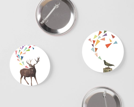 Animal Badges, Deer Pin, Bird Badge - Sing