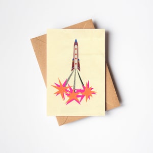 Tarjeta espacial retro, tarjeta de felicitación en blanco: cohete