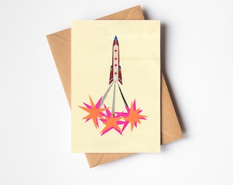 Retro Weltall Grußkarte, Blanko Grußkarte - Rocket