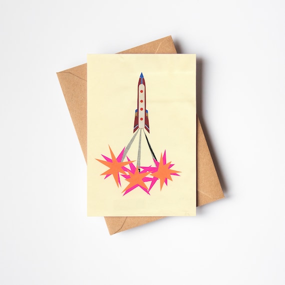 Retro Space Card, Blank Greetings Card - Rocket