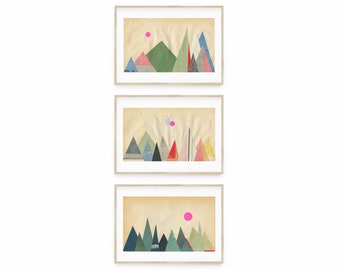 Mountain Print Set of 3, Abstract Landscape Wall Art - Paper Mountains