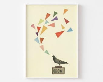 Retro Bird Print, Pigeon Art, Geometric Decor - Pigeon Radio