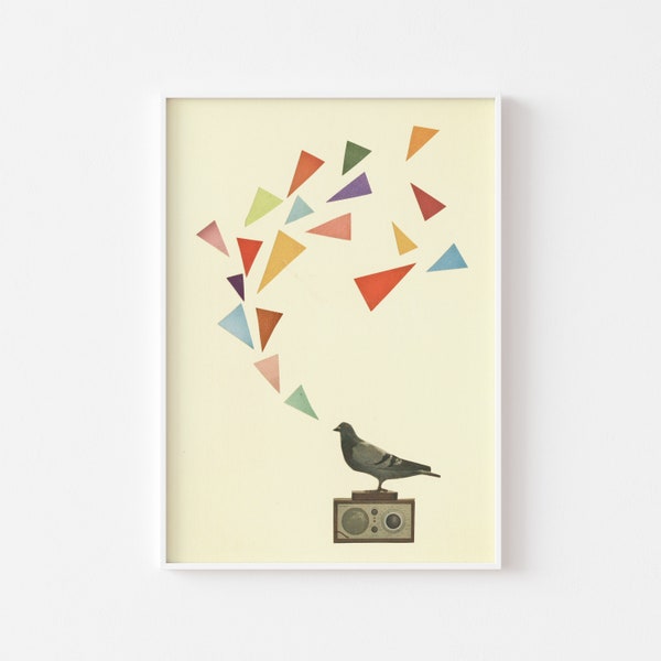 Retro Bird Print, Pigeon Art, Geometric Decor - Pigeon Radio