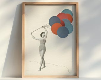 Retro Female Portrait A5 Print, Beach Art - Balloons