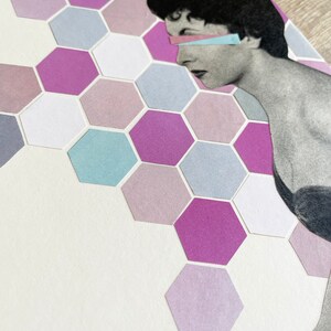 May include: A mixed media collage featuring a grayscale image of a person's profile, overlaid with a geometric pattern of hexagonal shapes in shades of purple, blue, and white. The artwork is on a white background.