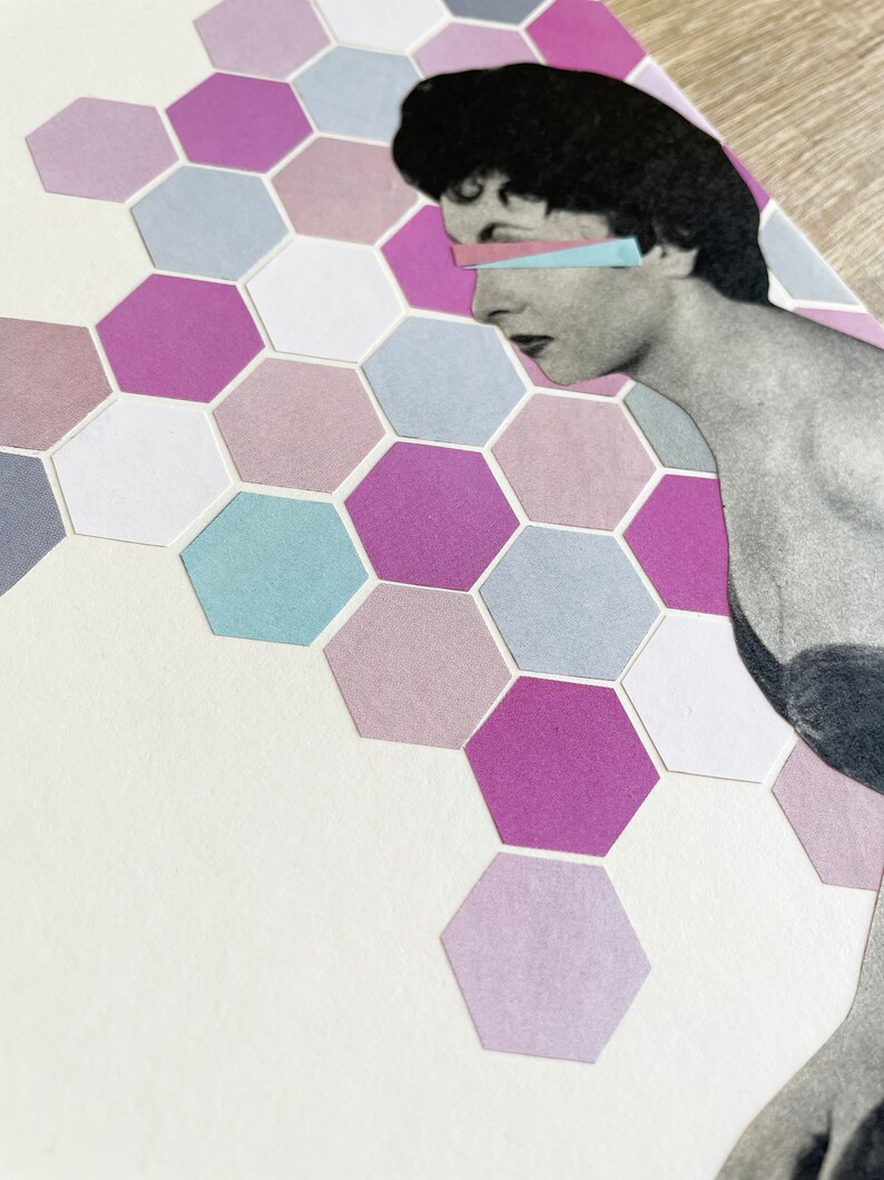May include: A mixed media collage featuring a grayscale image of a person's profile, overlaid with a geometric pattern of hexagonal shapes in shades of purple, blue, and white. The artwork is on a white background.