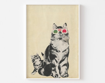 Retro Cat Art Print for Movie and Film Lovers - 3D Glasses