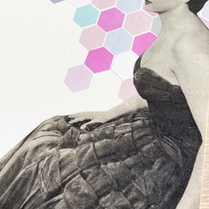 May include: A monochrome collage showing a woman in a strapless dress, with a geometric pattern of pastel-coloured hexagons. The woman's face is partially obscured by horizontal strips of blue and pink.