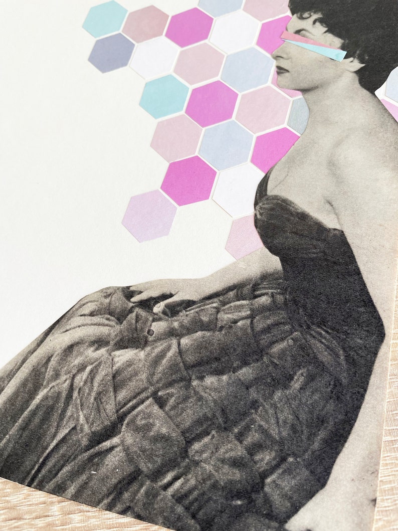 May include: A monochrome collage showing a woman in a strapless dress, with a geometric pattern of pastel-coloured hexagons. The woman's face is partially obscured by horizontal strips of blue and pink.