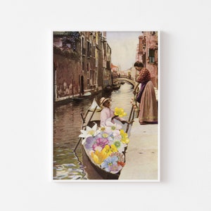 May include: A vintage illustration of a man in a gondola filled with colorful flowers, being greeted by a woman standing on a bridge in Venice, Italy.