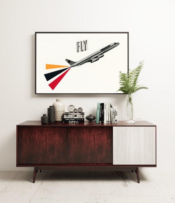 Retro Aeroplane Print, Mid Century Travel Poster, Plane Wall Art - Fly