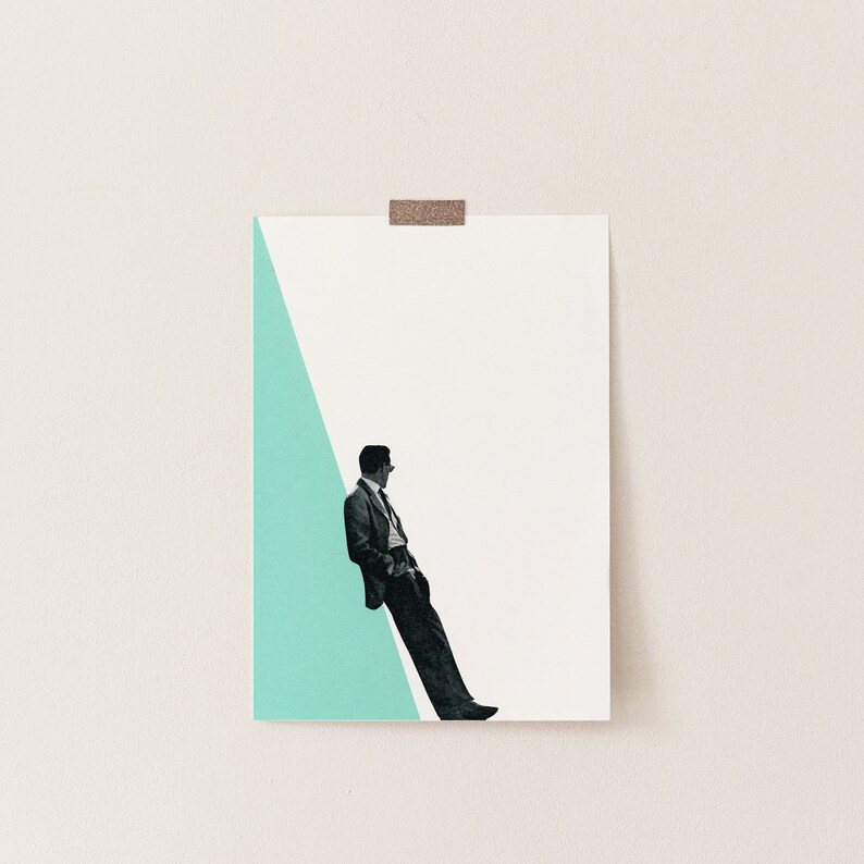 May include: A black and white silhouette of a person sitting on a diagonal line against a light blue background.