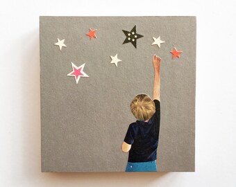 Wood Child Portrait, Celestial Decor, Star Wall Hanging - Catching Stars