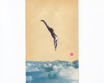 Original Male Sky Diving Portrait Artwork on Vintage Book Page - Into the Clouds