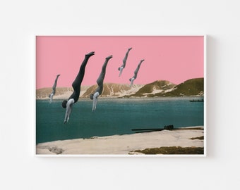 Pink and Teal Diving Art Print for Swimming Lovers - Dive