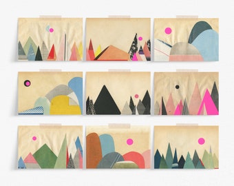 Set of 9 Mountain Postcards, Affordable Art, Modern Stationery, Gift Ideas - Paper Mountains