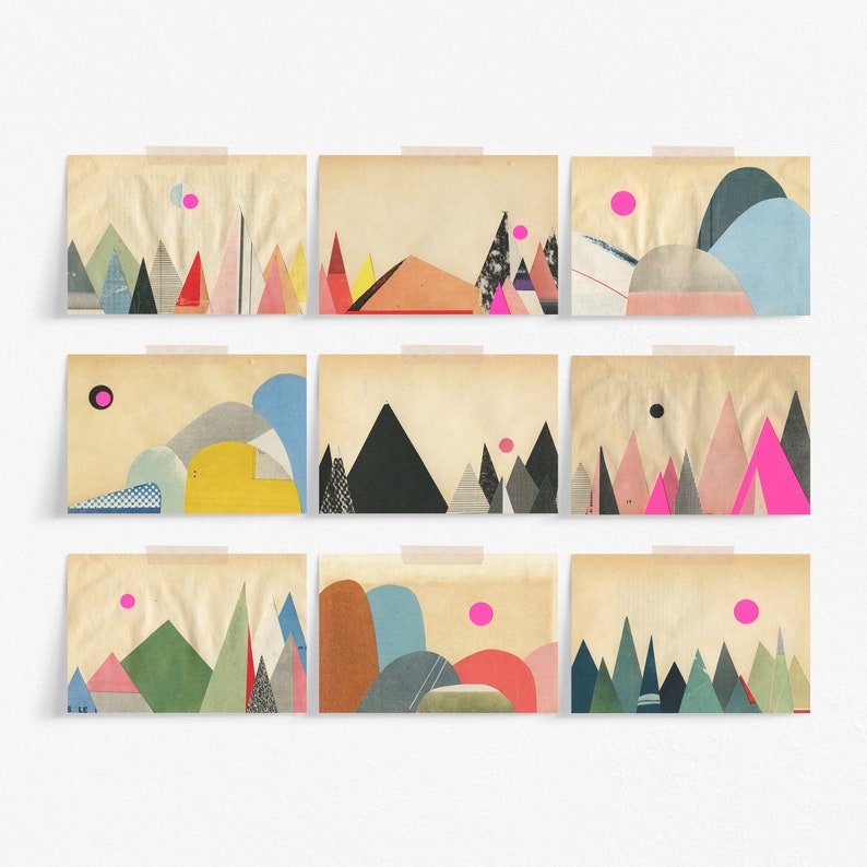 Set of 9 Mountain Postcards, Affordable Art, Modern Stationery, Gift Ideas Paper Mountains image 1