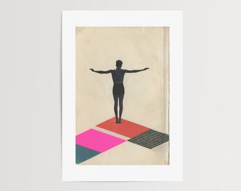 May include: A silhouette of a person standing on a red, pink, and blue geometric platform. The person is facing away from the viewer with their arms outstretched.