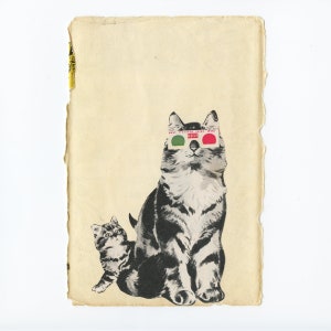 Arte originale del collage di gatti su carta - Occhiali 3D