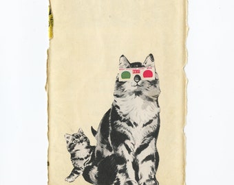 Original Cat Collage Art on Paper - 3D Glasses