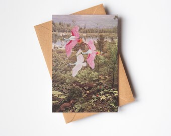 Bird Greetings Card - Flight of the Spoonbills