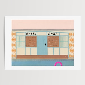 May include: An art print depicting a retro pool house illustration. The words "Pells Pool" are above the building. The pool house has a blue door and brown shutters. A pink inflatable ring floats in the pool.