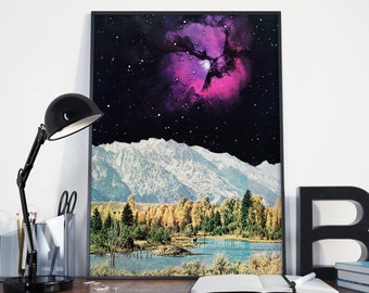 Space Print, Mountain Art, Retro Wall Art - Time and Space