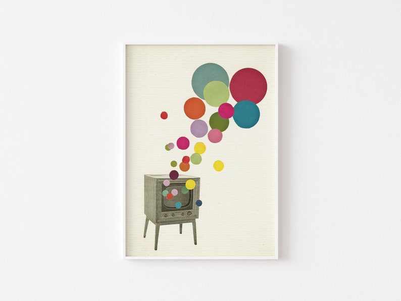 Television Print, Retro Wall Art, Pop Art Poster, Collage Art Print Colour Television image 1