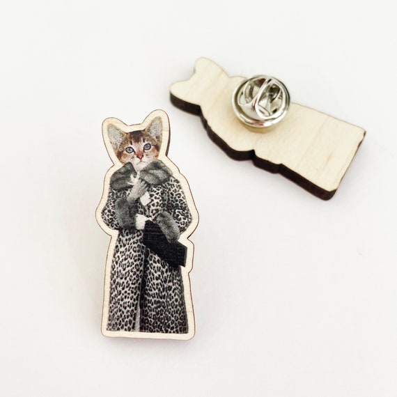 Cat Wood Pin Badge, Stocking Stuffer - Kitten Dressed as Cat