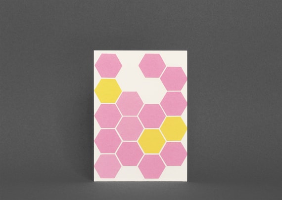 Geometric Card, Blank Greetings Card - Pink Honeycomb