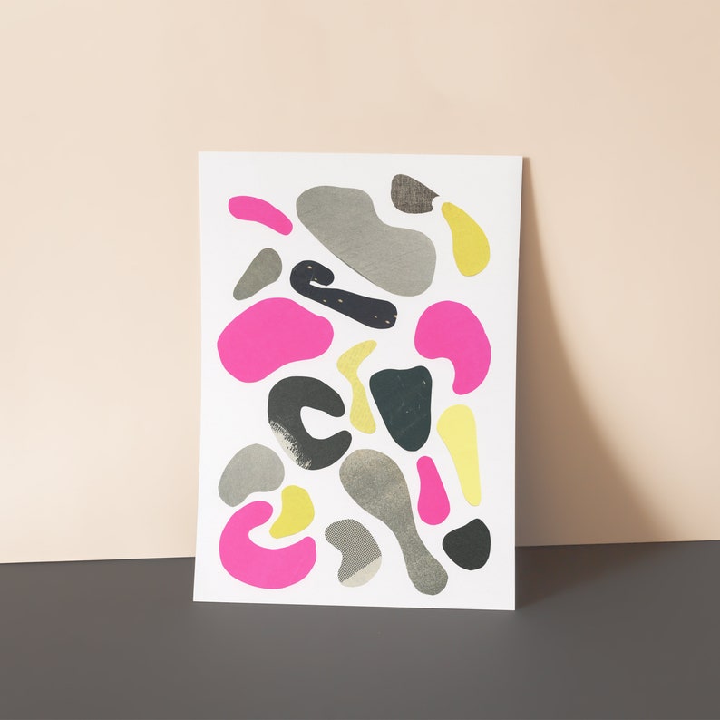 ORIGINAL COLLAGE, Abstract Shape Art in Hot Pink, Yellow and Grey Organic II image 2