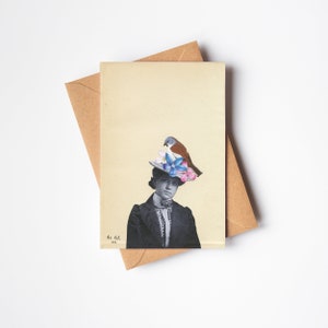 Carte de voeux d'oiseau, carte de portrait de femme victorienne - Roselin des neiges