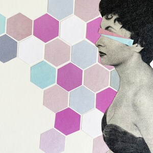 May include: Mixed media artwork showing a vintage black and white image of a woman in profile, with pastel-coloured geometric shapes. The background is a pattern of hexagonal shapes in shades of purple, blue, and white.